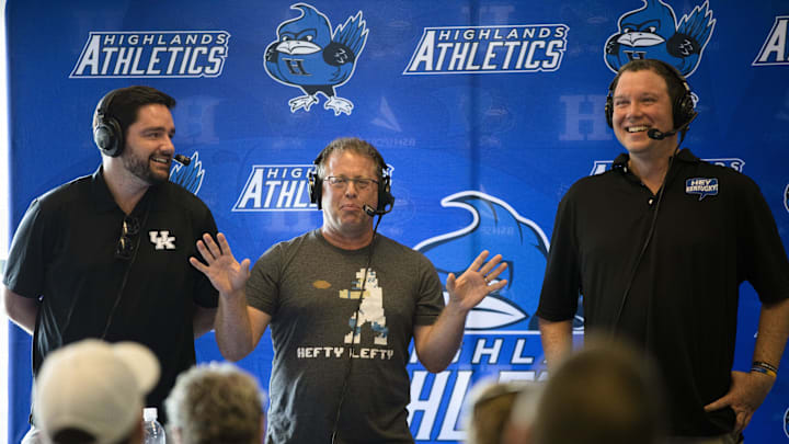 From left, Drew Franklin, Ryan Lemond and Matt Jones perform a special radio show in honor of Jared Lorenzen in front of a live audience at Highlands Athletics in Fort Thomas, Ky., on Thursday, July 11, 2019.  Kentucky Sports Radio host Matt Jones and started a fund to help support Jared Lorenzen's family.

Kentucky Sports Radio Jared Lorenzen