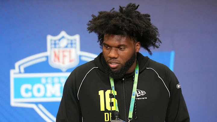 Feb 25, 2026; Indianapolis, IN, USA; Florida State defensive lineman Darrell Jackson (DL16) speaks during the NFL Scouting Combine at the Indiana Convention Center. Mandatory Credit: Kirby Lee-Imagn Images