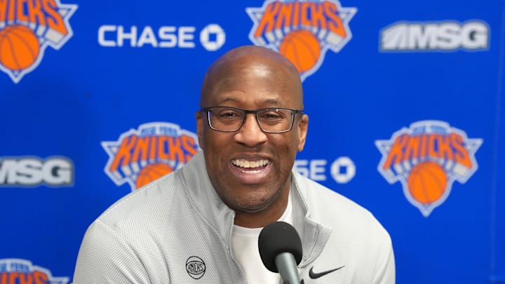 Mar 8, 2026; Los Angeles, California, USA; New York Knicks head coach Mike Brown at press conferences at the Crypto.com Arena. Mandatory Credit: Kirby Lee-Imagn Images
