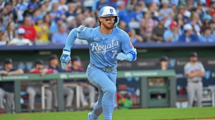 May 10, 2025; Kansas City, Missouri, USA;  Kansas City Royals shortstop Bobby Witt Jr. (7) runs up the first baseline after hitting a double in the first inning against the Boston Red Sox at Kauffman Stadium. Mandatory Credit: Peter Aiken-Imagn Images