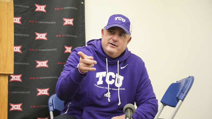 Oct 25, 2025; Morgantown, West Virginia, USA; Texas Christian University Horned Frogs head coach Sonny Dykes speaks to the media after defeating the West Virginia Mountaineers at Milan Puskar Stadium. Mandatory Credit: Ben Queen-Imagn Images Oct 25, 2025; Morgantown, West Virginia, USA; Texas Christian University Horned Frogs head coach Sonny Dykes speaks to the media after defeating the West Virginia Mountaineers at Milan Puskar Stadium. Mandatory Credit: Ben Queen-Imagn Images