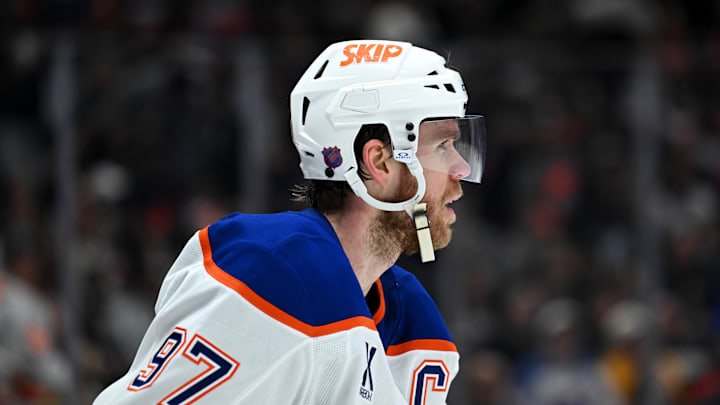 Apr 11, 2026; Los Angeles, California, USA; Edmonton Oilers center Connor McDavid (97) reacts against the Los Angeles Kings during the third period at Crypto.com Arena. Mandatory Credit: Griffin Hooper-Imagn Images