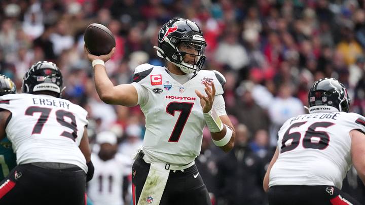 Oct 18, 2026; London, ENG;  Houston Texans quarterback C.J. Stroud (7) throws the ball during the first half against the Jacksonville Jaguars at Wembley Stadium.  Mandatory Credit: Kirby Lee-Imagn Images