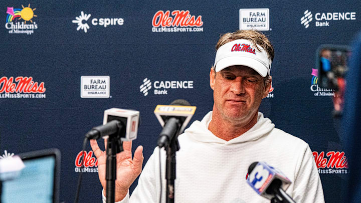 Ole Miss head coach Lane Kiffin answers questions from the press after a college football game between Mississippi State and Ole Miss at Davis Wade Stadium in Starkville, Miss., on Friday, Nov. 28, 2025. Ole Miss defeated Mississippi State 38-19 in the Egg Bowl.