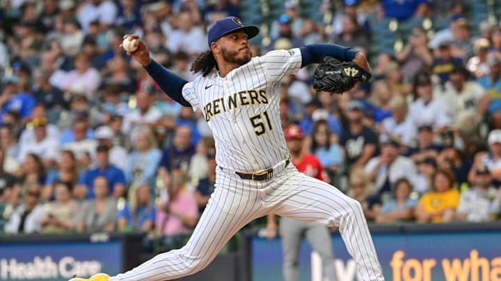 Sep 28, 2025; Milwaukee, Wisconsin, USA; Milwaukee Brewers starting pitcher Freddy Peralta (51) throws against the Cincinnati Reds in the first inning at American Family Field. Mandatory Credit: Benny Sieu-Imagn Images Sep 28, 2025; Milwaukee, Wisconsin, USA; Milwaukee Brewers starting pitcher Freddy Peralta (51) throws against the Cincinnati Reds in the first inning at American Family Field. Mandatory Credit: Benny Sieu-Imagn Images