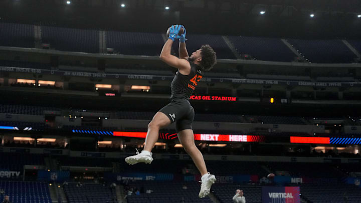 Mar 1, 2025; Indianapolis, IN, USA; Mississippi wideout Jordan Watkins (WO43) during the 2025 NFL Combine at Lucas Oil Stadium. Mandatory Credit: Kirby Lee-Imagn Images Mar 1, 2025; Indianapolis, IN, USA; Mississippi wideout Jordan Watkins (WO43) during the 2025 NFL Combine at Lucas Oil Stadium. Mandatory Credit: Kirby Lee-Imagn Images