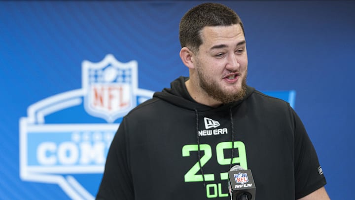 Mar 1, 2025; Indianapolis, IN, USA; West Virginia University offensive lineman Wyatt Milum (OL29) answers questions at a press conference during the 2025 NFL Combine at Indiana Convention Center. Mandatory Credit: Jacob Musselman-Imagn Images