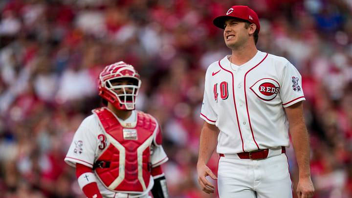 Cincinnati Reds pitcher Nick Lodolo (40) shakes off his wrist after being hit by a line drive in the fourth inning of the MLB National League Central game between the Cincinnati Reds and the Milwaukee Brewers at Great American Ball Park in downtown Cincinnati on Tuesday, June 23, 2026. Cincinnati Reds pitcher Nick Lodolo (40) shakes off his wrist after being hit by a line drive in the fourth inning of the MLB National League Central game between the Cincinnati Reds and the Milwaukee Brewers at Great American Ball Park in downtown Cincinnati on Tuesday, June 23, 2026.
