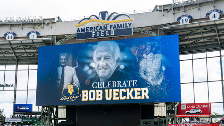 An image of Bob Uecker is displayed during the Milwaukee Brewers' Bob Uecker celebration of life on Sunday August 24, 2025 at American Family Field in Milwaukee, WI.