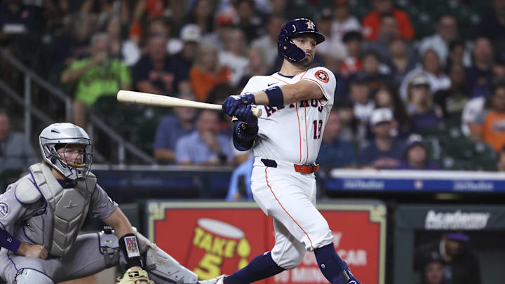 Aug 27, 2025; Houston, Texas, USA; Houston Astros catcher Cesar Salazar (18) bats during the second inning against the Colorado Rockies at Daikin Park. 