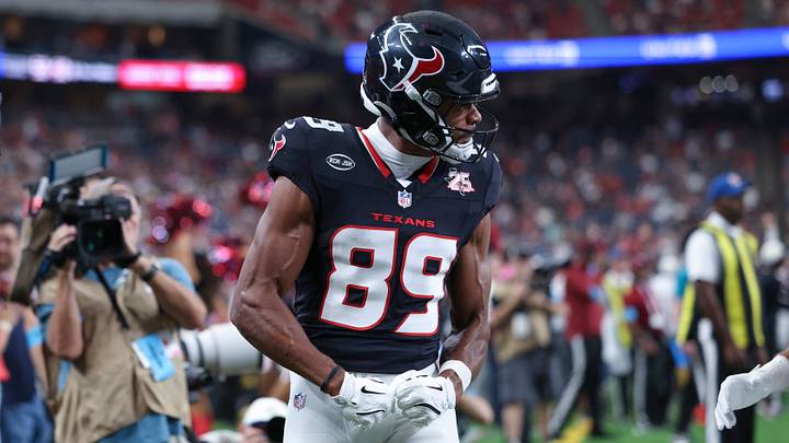 Aug 13, 2026; Houston, Texas, USA;  Houston Texans wide receiver Jared Wayne (89) celebrates after scoring a touchdown during the first quarter against the Los Angeles Chargers at Reliant Stadium. Mandatory Credit: Troy Taormina-Imagn Images
