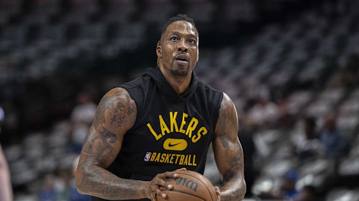 Mar 29, 2022; Dallas, Texas, USA; Los Angeles Lakers center Dwight Howard (39) warms up before the game between the Dallas Mavericks and the Los Angeles Lakers at the American Airlines Center. Mandatory Credit: Jerome Miron-Imagn Images Mar 29, 2022; Dallas, Texas, USA; Los Angeles Lakers center Dwight Howard (39) warms up before the game between the Dallas Mavericks and the Los Angeles Lakers at the American Airlines Center. Mandatory Credit: Jerome Miron-Imagn Images