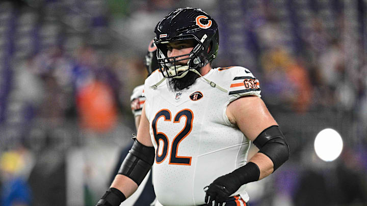 Nov 27, 2023; Minneapolis, Minnesota, USA; Chicago Bears guard Lucas Patrick (62) warms up before the game between the Minnesota Vikings and the Chicago Bears at U.S. Bank Stadium. Mandatory Credit: Jeffrey Becker-Imagn Images