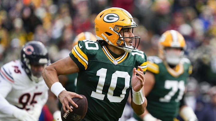 Jan 5, 2025; Green Bay, Wisconsin, USA;  Green Bay Packers quarterback Jordan Love (10) during the game against the Chicago Bears at Lambeau Field. 