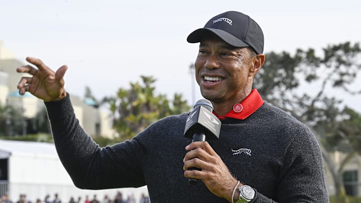 Feb 16, 2025; San Diego, California, USA; Tiger Woods speaks at The Genesis Invitational golf tournament at Torrey Pines. Mandatory Credit: Denis Poroy-Imagn Images Feb 16, 2025; San Diego, California, USA; Tiger Woods speaks at The Genesis Invitational golf tournament at Torrey Pines. Mandatory Credit: Denis Poroy-Imagn Images