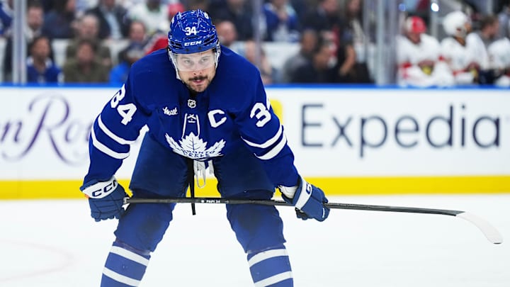 May 7, 2025; Toronto, Ontario, CAN; Toronto Maple Leafs center Auston Matthews (34) waits for the faceoff during the first period against the Florida Panthers in game two of the second round of the 2025 Stanley Cup Playoffs at Scotiabank Arena. Mandatory Credit: Nick Turchiaro-Imagn Images