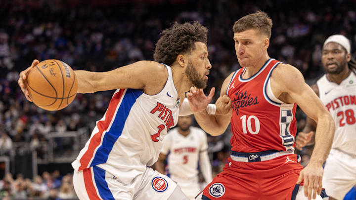 Feb 24, 2025; Detroit, Michigan, USA; LA Clippers guard Bogdan Bogdanovic (10) defends against Detroit Pistons guard Cade Cunningham (2) during the first half at Little Caesars Arena. Mandatory Credit: David Reginek-Imagn Images Feb 24, 2025; Detroit, Michigan, USA; LA Clippers guard Bogdan Bogdanovic (10) defends against Detroit Pistons guard Cade Cunningham (2) during the first half at Little Caesars Arena. Mandatory Credit: David Reginek-Imagn Images