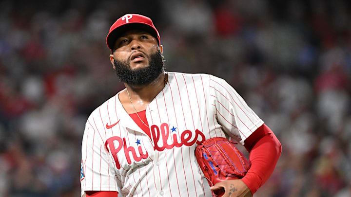 Aug 31, 2025; Philadelphia, Pennsylvania, USA; Philadelphia Phillies pitcher José Alvarado (46) walks off the field after blowing save during the ninth inning against the Atlanta Braves at Citizens Bank Park. Mandatory Credit: Eric Hartline-Imagn Images