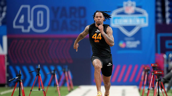 Mar 1, 2025; Indianapolis, IN, USA; Missouri wideout Theo Wease (WO44) during the 2025 NFL Combine at Lucas Oil Stadium. Mandatory Credit: Kirby Lee-Imagn Images