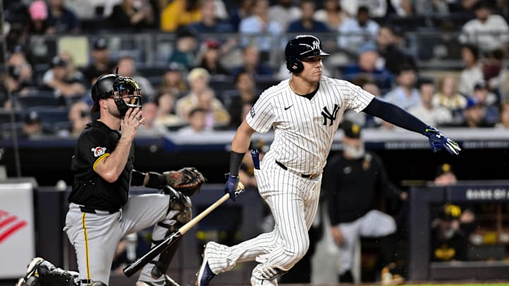 Sep 27, 2024; Bronx, New York, USA; New York Yankees outfielder Juan Soto (22) hits a single against the Pittsburgh Pirates during the third inning at Yankee Stadium. Mandatory Credit: John Jones-Imagn Images