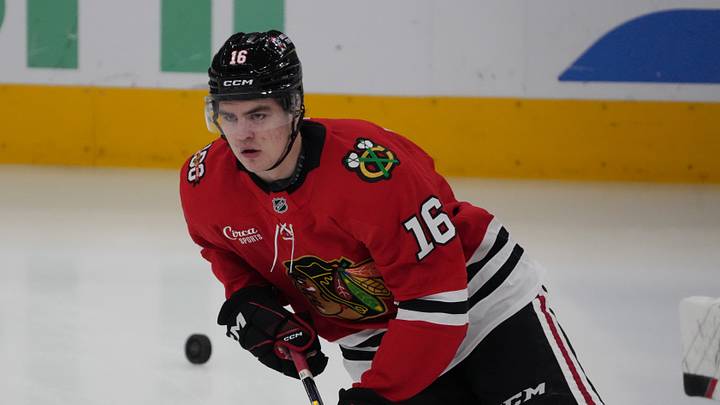 Apr 15, 2026; Chicago, Illinois, USA; Chicago Blackhawks center Anton Frondell (16) warms up before a game against the San Jose Sharks at United Center. Mandatory Credit: David Banks-Imagn Images