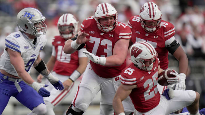 Wisconsin offensive lineman Kerry Kodanko (73) during the fourth quarter of the game Saturday, September 6, 2025 at Camp Randall Stadium in Madison, Wisconsin. Wisconsin beat Middle Tennessee 42-10.