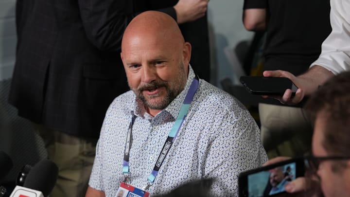 Apr 1, 2025; Palm Beach, FL, USA;  New York Giants head coach Brian Daboll, center, attends the NFL Annual League Meeting at The Breakers.  