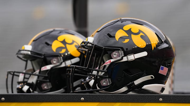 Oct 14, 2023; Madison, Wisconsin, USA;  General view of Iowa Hawkeyes helmets prior to the game against the Wisconsin Badgers at Camp Randall Stadium. Mandatory Credit: Jeff Hanisch-Imagn Images