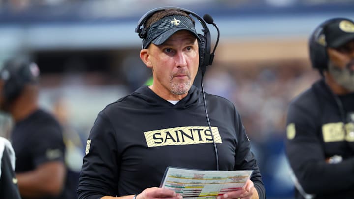 Sep 15, 2024; Arlington, Texas, USA;  New Orleans Saints head coach Dennis Allen reacts during the second half against the Dallas Cowboys at AT&T Stadium. Mandatory Credit: Kevin Jairaj-Imagn Images