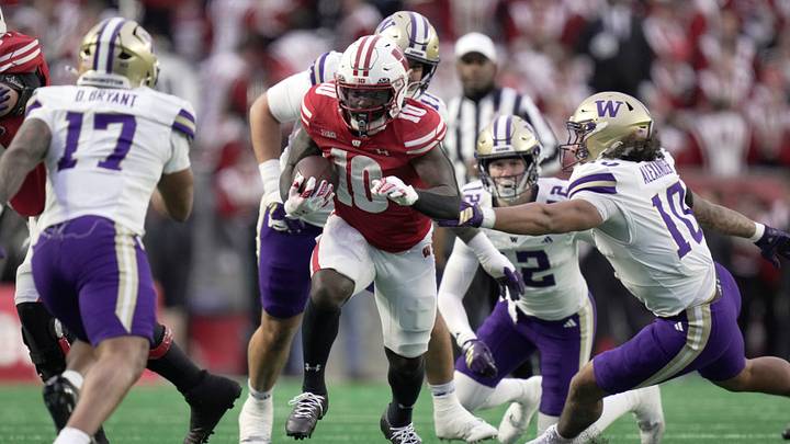 Wisconsin running back Gideon Ituka (10) is shown during the first quarter of their game against Washington Saturday, November 8, 2025 at Camp Randall Stadium in Madison, Wisconsin.