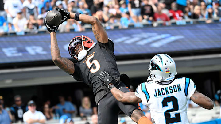 Sep 29, 2024; Charlotte, North Carolina, USA;  Cincinnati Bengals wide receiver Tee Higgins (5) attempts a catch while Carolina Panthers cornerback Michael Jackson (2) defends in the fourth quarter at Bank of America Stadium. Mandatory Credit: Bob Donnan-Imagn Images