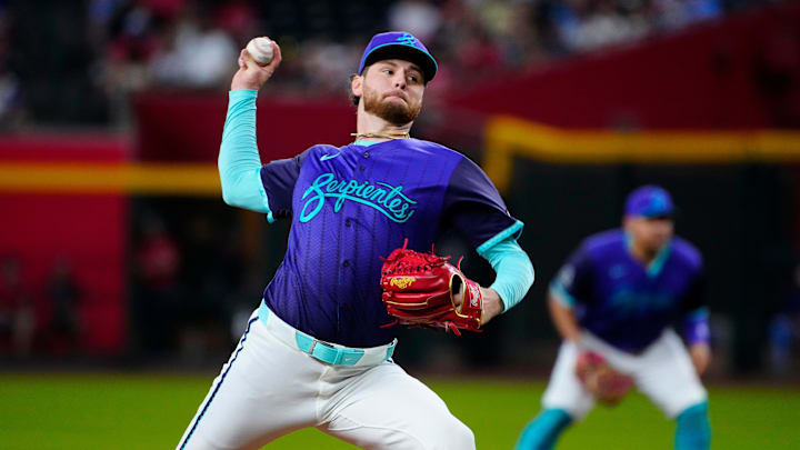 Diamondbacks pitcher Ryne Nelson (19) pitches in the third inning against the Royals during a game in Phoenix, at Chase Field on July 5, 2025.