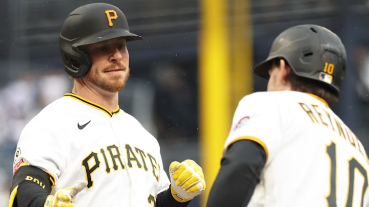 May 14, 2026; Pittsburgh, Pennsylvania, USA; Pittsburgh Pirates right fielder Ryan O'Hearn (left) celebrates his two-run home run with left fielder Bryan Reynolds (10) against the Colorado Rockies during the first inning at PNC Park. Mandatory Credit: Charles LeClaire-Imagn Images May 14, 2026; Pittsburgh, Pennsylvania, USA; Pittsburgh Pirates right fielder Ryan O'Hearn (left) celebrates his two-run home run with left fielder Bryan Reynolds (10) against the Colorado Rockies during the first inning at PNC Park. Mandatory Credit: Charles LeClaire-Imagn Images