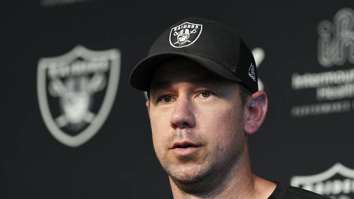 May 20, 2026; Henderson, NV, USA; Las Vegas Raiders head coach Klint Kubiak speaks during a news conference during organized team activities at Intermountain Health Performance Center. Mandatory Credit: Candice Ward-Imagn Images