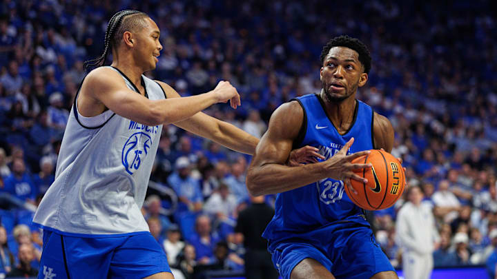 Oct 11, 2025; Lexington, KY, USA; Kentucky Wildcats forward Mouhamed Dioubate (23) drives to the basket against guard Jaland Lowe (15) during Big Blue Madness at Rupp Arena at Central Bank Center. Mandatory Credit: Jordan Prather-Imagn Images Oct 11, 2025; Lexington, KY, USA; Kentucky Wildcats forward Mouhamed Dioubate (23) drives to the basket against guard Jaland Lowe (15) during Big Blue Madness at Rupp Arena at Central Bank Center. Mandatory Credit: Jordan Prather-Imagn Images