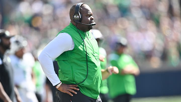 Sep 10, 2022; South Bend, Indiana, USA; Marshall Thundering Herd head coach Charles Huff watches in the second quarter against the Notre Dame Fighting Irish at Notre Dame Stadium. Mandatory Credit: Matt Cashore-Imagn Images