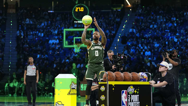 Feb 15, 2025; San Francisco, CA, USA; Milwaukee Bucks guard Damian Lillard (0) competes in the three-point contest during All Star Saturday Night ahead of the 2025 NBA All Star Game at Chase Center. Mandatory Credit: Kyle Terada-Imagn Images