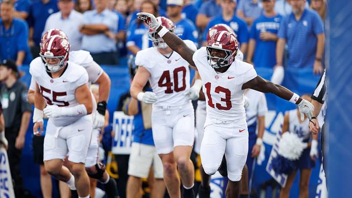 Sep 12, 2026; Lexington, Kentucky, USA; Alabama Crimson Tide running back EJ Crowell (13) celebrates after scoring a touchdown during the third quarter against the Kentucky Wildcats at Kroger Field. Sep 12, 2026; Lexington, Kentucky, USA; Alabama Crimson Tide running back EJ Crowell (13) celebrates after scoring a touchdown during the third quarter against the Kentucky Wildcats at Kroger Field.