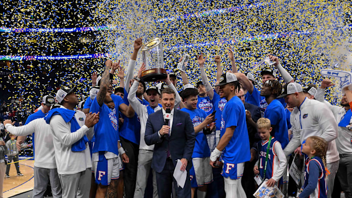 Mar 16, 2025; Nashville, TN, USA;  Florida Gators celebrate the win against the Tennessee Volunteers at the 2025 SEC Championship Game at Bridgestone Arena. Mandatory Credit: Steve Roberts-Imagn Images