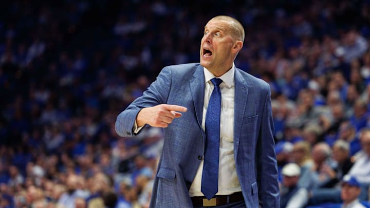Nov 19, 2024; Lexington, Kentucky, USA; Kentucky Wildcats head coach Mark Pope yells to his players during the second half against the Lipscomb Bisons at Rupp Arena at Central Bank Center. Mandatory Credit: Jordan Prather-Imagn Images