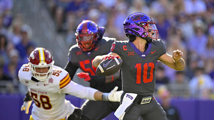 Nov 8, 2025; Fort Worth, Texas, USA; TCU Horned Frogs quarterback Josh Hoover (10) throws the ball during the first half against the Iowa State Cyclones at Amon G. Carter Stadium. Mandatory Credit: Jerome Miron-Imagn Images