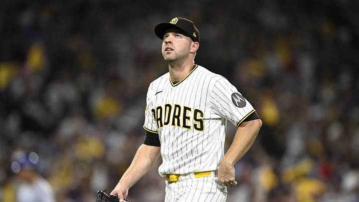 Sep 29, 2026; San Diego, California, USA;  San Diego Padres pitcher Michael King (34) reacts after the fifth inning against the Chicago Cubs during game one of the Wildcard round for the 2026 MLB Playoffs at Petco Park.  Mandatory Credit: Denis Poroy-Imagn Images