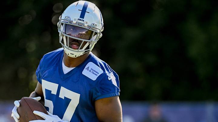 Jul 30, 2026; Westfield, IN, USA; Indianapolis Colts linebacker Jaylon Carlies (57) participates in a drill on day two of training camp at Grand Park Sports Campus. Mandatory Credit: Robert Goddin-Imagn Images