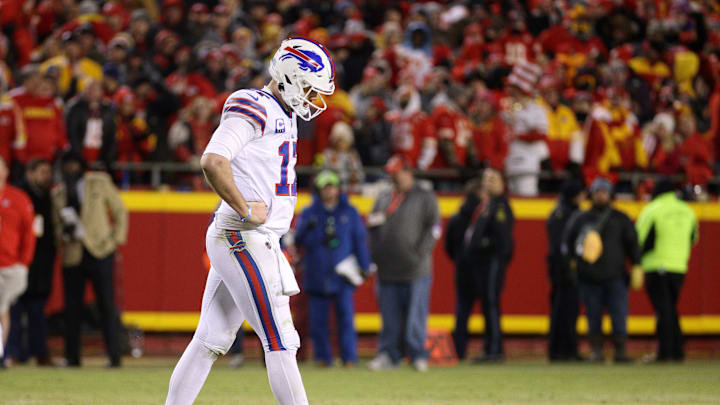 Bills quarterback Josh Allen walks off the field after a Chiefs stop. The Chiefs beat the Bills