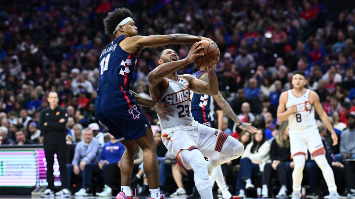 Nov 4, 2023; Philadelphia, Pennsylvania, USA; Phoenix Suns guard Eric Gordon (23) shoots the ball against Philadelphia 76ers guard Jaden Springer (11) in the second quarter at Wells Fargo Center. Mandatory Credit: Kyle Ross-USA TODAY Sports Nov 4, 2023; Philadelphia, Pennsylvania, USA; Phoenix Suns guard Eric Gordon (23) shoots the ball against Philadelphia 76ers guard Jaden Springer (11) in the second quarter at Wells Fargo Center. Mandatory Credit: Kyle Ross-USA TODAY Sports