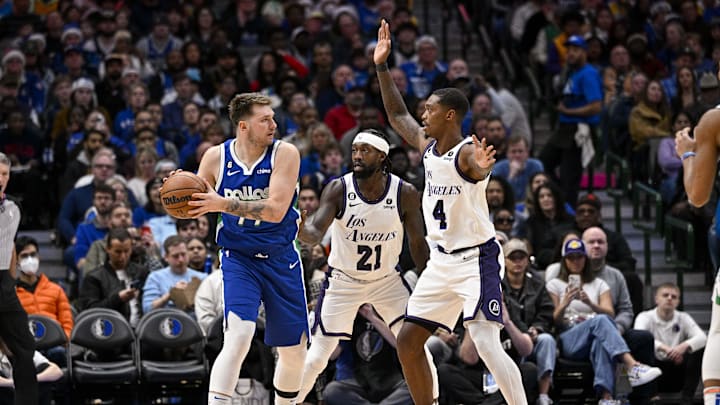 Dec 25, 2022; Dallas, Texas, USA; Dallas Mavericks guard Luka Doncic (77) and Los Angeles Lakers guard Patrick Beverley (21) and guard Lonnie Walker IV (4) in action during the game between the Dallas Mavericks and the Los Angeles Lakers at American Airlines Center. Mandatory Credit: Jerome Miron-Imagn Images Dec 25, 2022; Dallas, Texas, USA; Dallas Mavericks guard Luka Doncic (77) and Los Angeles Lakers guard Patrick Beverley (21) and guard Lonnie Walker IV (4) in action during the game between the Dallas Mavericks and the Los Angeles Lakers at American Airlines Center. Mandatory Credit: Jerome Miron-Imagn Images