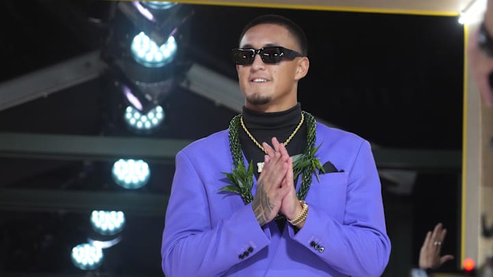 Apr 24, 2025; Green Bay, WI, USA;  Arizona Wildcats wide receiver Tetairoa McMillan is introduced before the first round of the 2025 NFL Draft at Lambeau Field. Mandatory Credit: Kirby Lee-Imagn Images