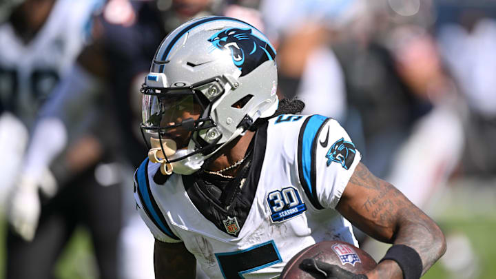 Oct 6, 2024; Chicago, Illinois, USA; Carolina Panthers wide receiver Diontae Johnson (5) runs after a catch against the Chicago Bears during the third quarter at Soldier Field. Mandatory Credit: Daniel Bartel-Imagn Images Oct 6, 2024; Chicago, Illinois, USA; Carolina Panthers wide receiver Diontae Johnson (5) runs after a catch against the Chicago Bears during the third quarter at Soldier Field. Mandatory Credit: Daniel Bartel-Imagn Images