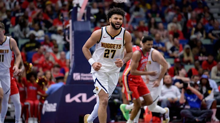 Nov 15, 2024; New Orleans, Louisiana, USA; Denver Nuggets guard Jamal Murray (27) celebrates a basket against the New Orleans Pelicans during the second half at Smoothie King Center. Mandatory Credit: Matthew Hinton-Imagn Images