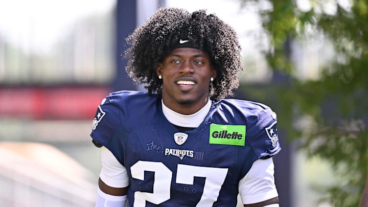 Jul 28, 2025; Foxborough, MA, USA; New England Patriots cornerback Marcellas Dial Jr. (27) heads to the practice fields for training camp at Gillette Stadium. Mandatory Credit: Eric Canha-Imagn Images